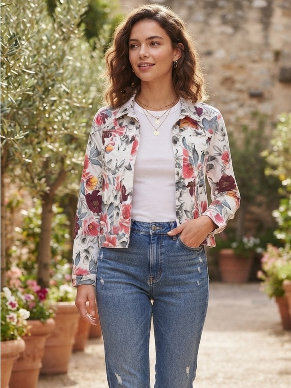 Y2K Floral Denim Trucker Jacket Size S 40 White Pink Rose Cottagecore Coquette